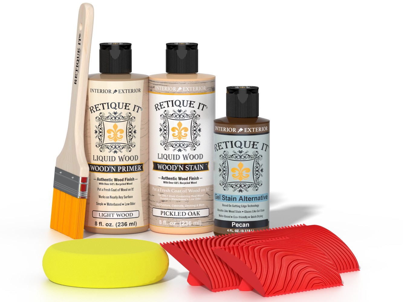Retique It Fireplace Mantel Wood'n Finish Kit in Pickled Oak stain, featuring wood stain and finishing supplies for fireplace mantels.