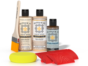 Retique It Fireplace Mantel Wood'n Finish Kit in Pickled Oak stain, featuring wood stain and finishing supplies for fireplace mantels.