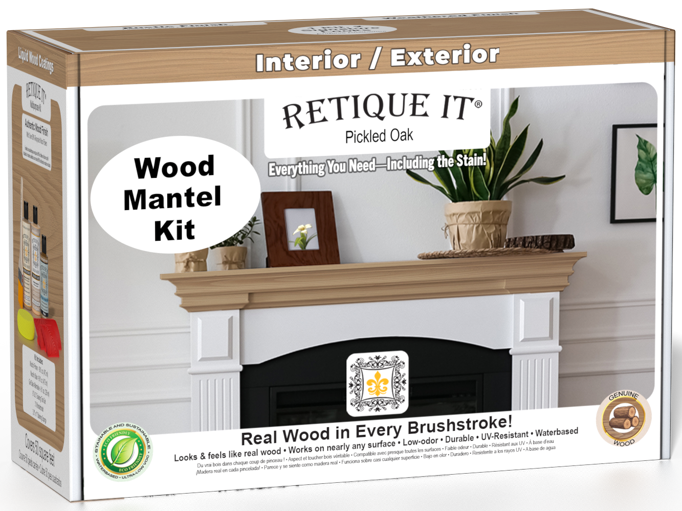 Retique It Fireplace Mantel Wood'n Finish Kit in Pickled Oak stain, showing wood stain bottles and application tools.