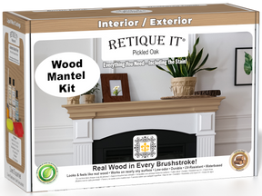 Retique It Fireplace Mantel Wood'n Finish Kit in Pickled Oak stain, showing wood stain bottles and application tools.