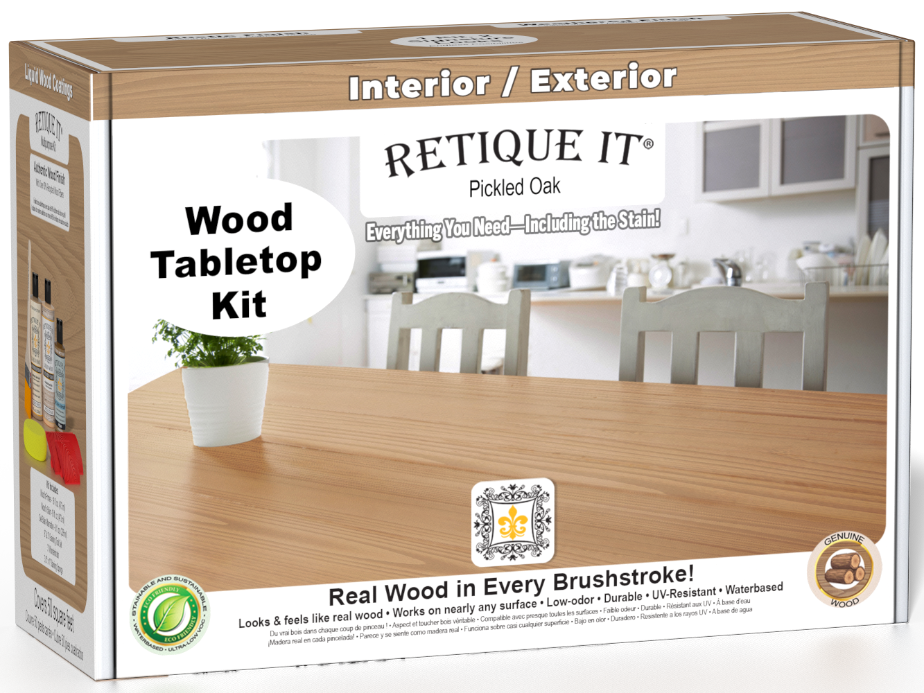 Retique It® Wood'n Finish Kit in Pickled Oak for tabletops, featuring stains and finishing supplies in a compact box.