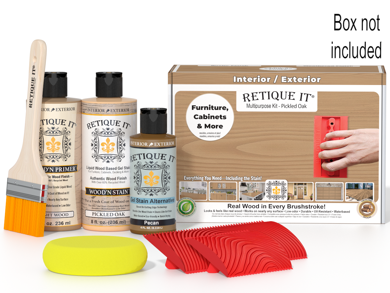 Retique It furniture care products including bottles, a brush, and a box on a white background.