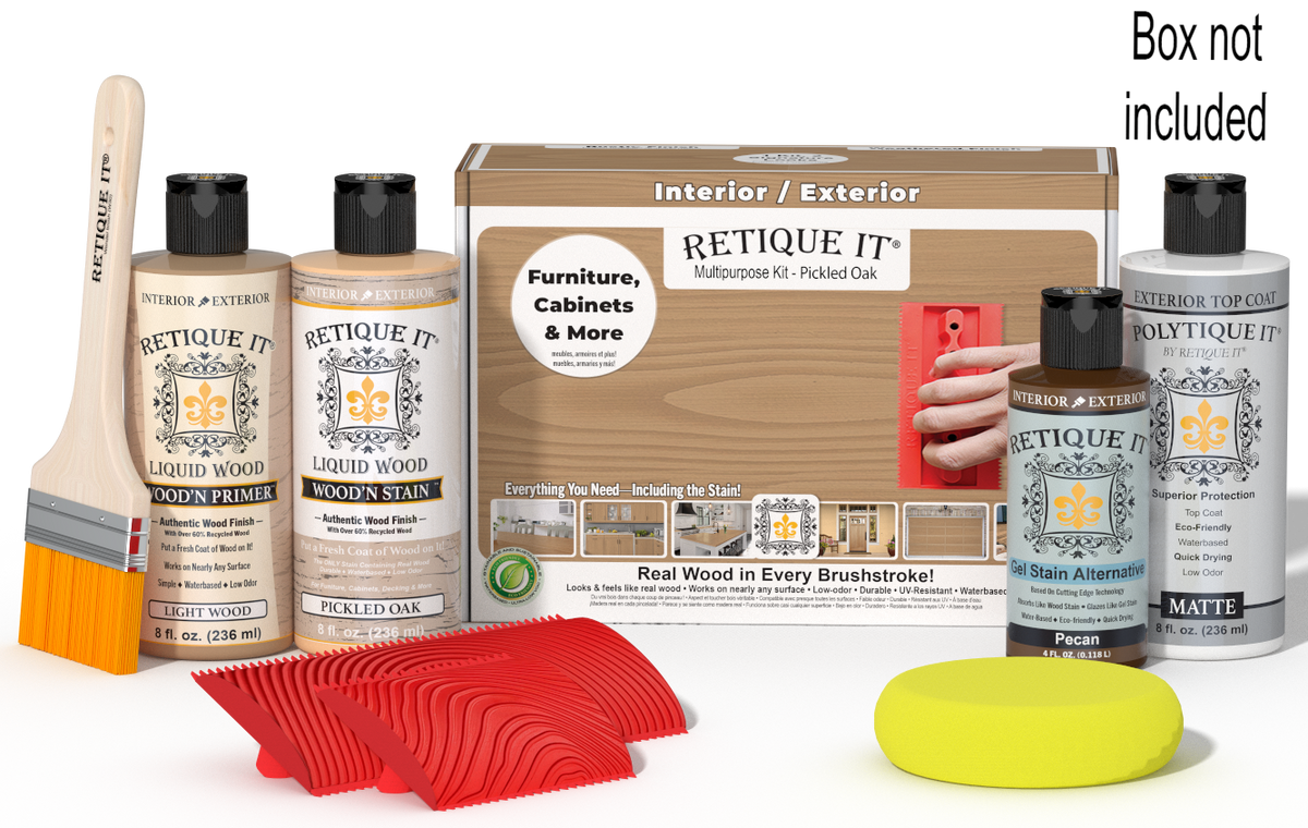 Retique It Wood'n Finish Kit in Pickled Oak for exterior top coat, includes wood finish and application tools in a compact box.