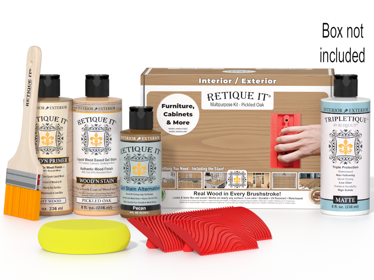 Retique It Wood'n Finish Kit in Pickled Oak with interior top coat and brushes, displayed in a box for wood finishing projects.