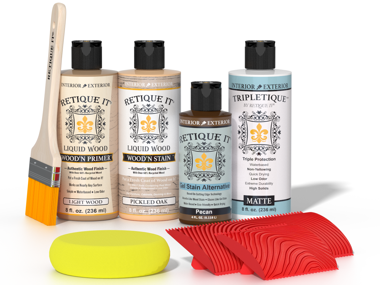 Retique It® Wood'n Finish Kit in Pickled Oak, interior top coat for wood furniture and surfaces, with included applicator tools.