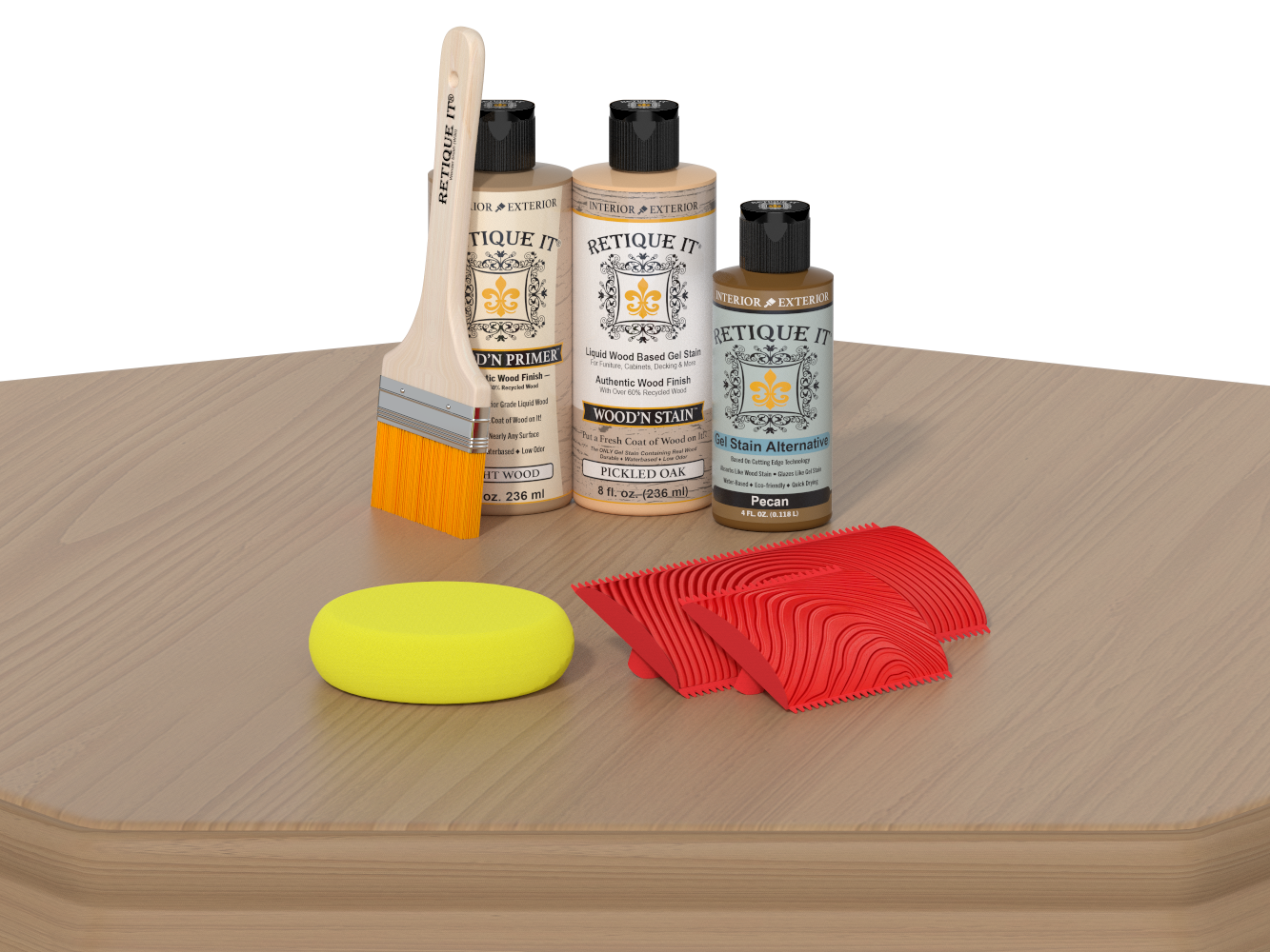 Wood care products including bottles, a brush, and a sponge on a wooden surface.