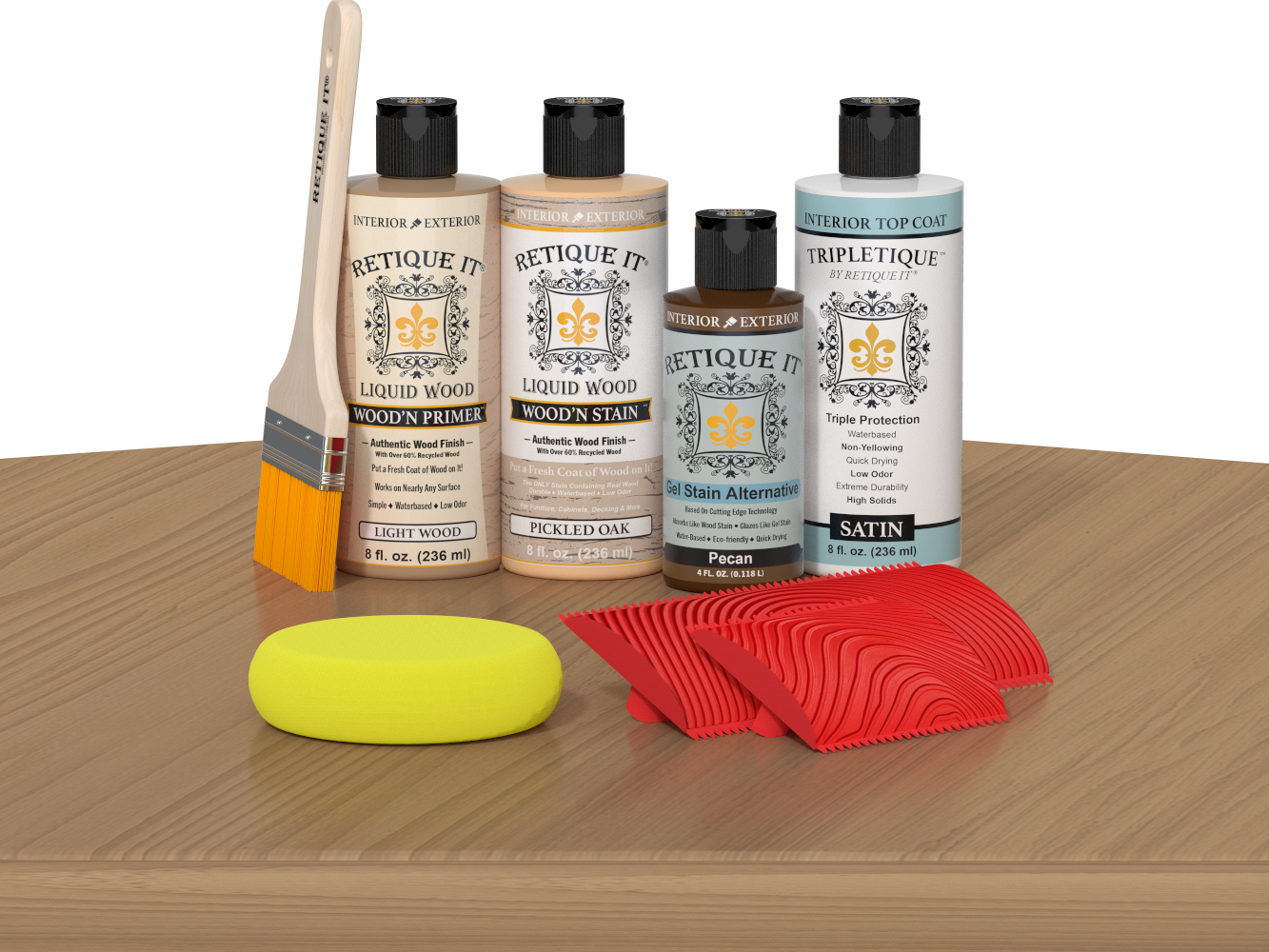 Retique It® Pickled Oak Wood'n Kit with Light Wood Primer, Pickled Oak Wood'n Stain, Satin TripleTique Top Coat, Pecan Gel Stain Alternative, yellow sponge, red graining tool, and brush.