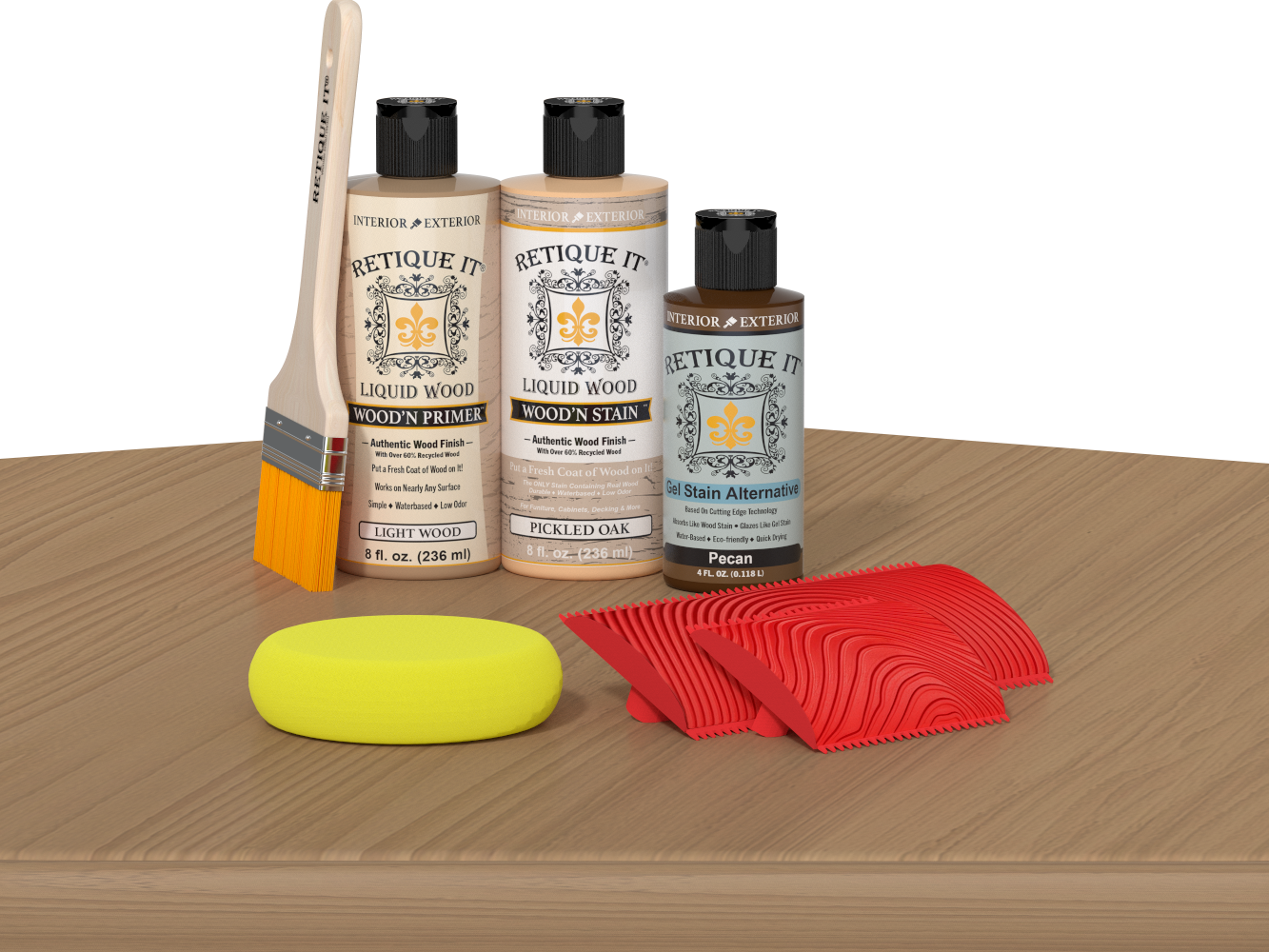 Retique It Fireplace Mantel Wood'n Finish Kit in Pickled Oak stain, showing the wood finish and application details.