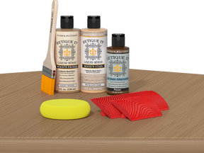 Retique It Fireplace Mantel Wood'n Finish Kit in Pickled Oak stain, showing the wood finish and application details.