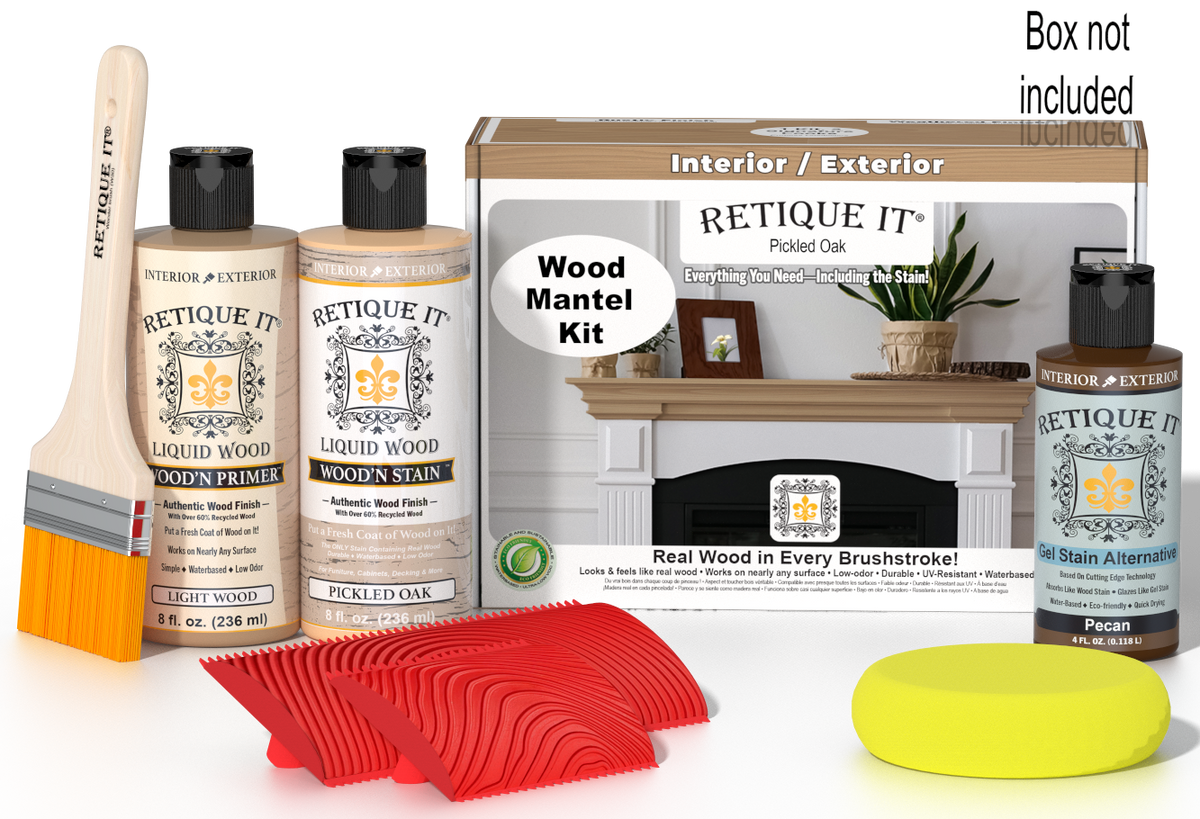Retique It® Fireplace Mantel Wood'n Finish Kit in Pickled Oak stain, featuring wood stain application for fireplace mantels.