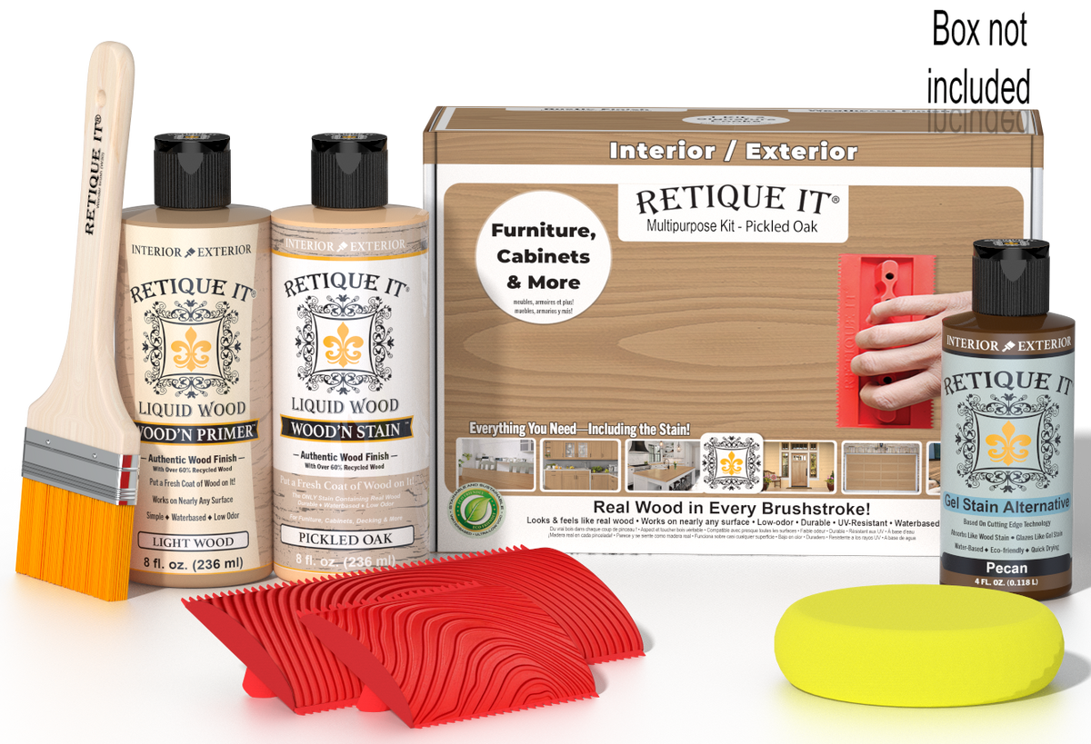 Retique It Wood'n Kit in Pickled Oak finish with wooden box, designed for multi-purpose wood finishing and restoration.