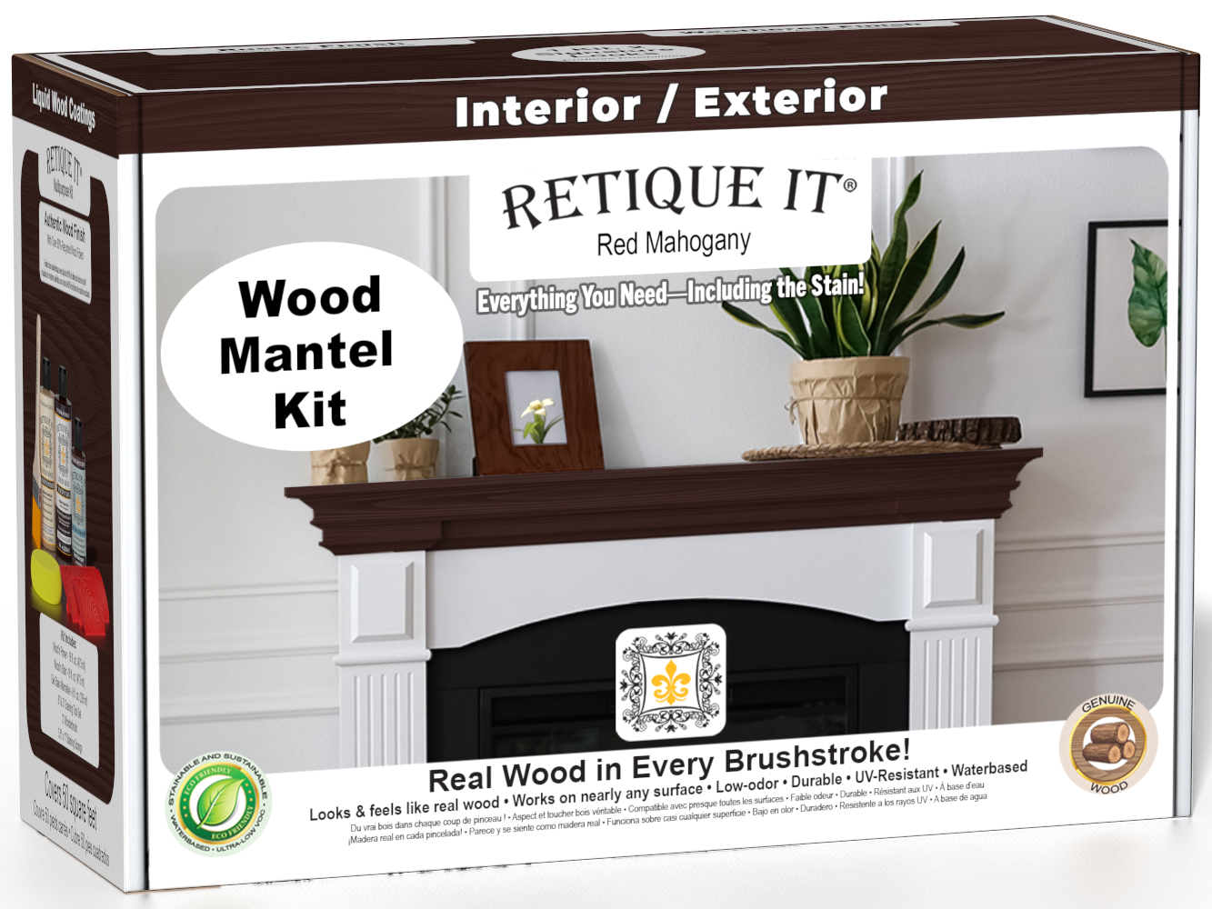 Retique It Fireplace Mantel Wood'n Finish Kit in Red Mahogany stain, showing a box of stain stains for wood mantel finishing.