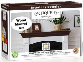 Retique It Fireplace Mantel Wood'n Finish Kit in Red Mahogany stain, showing a box of stain stains for wood mantel finishing.
