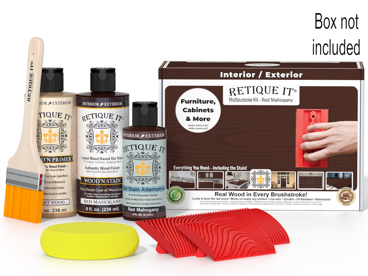 Retique It Wood'n Kit in Red Mahogany finish, multi-purpose wood finish kit with tools and supplies for wood projects.