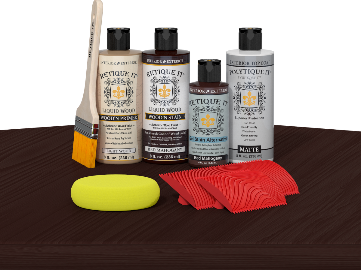 Retique It Wood'n Finish Kit in Red Mahogany with exterior top coat, showing application on wood surface.