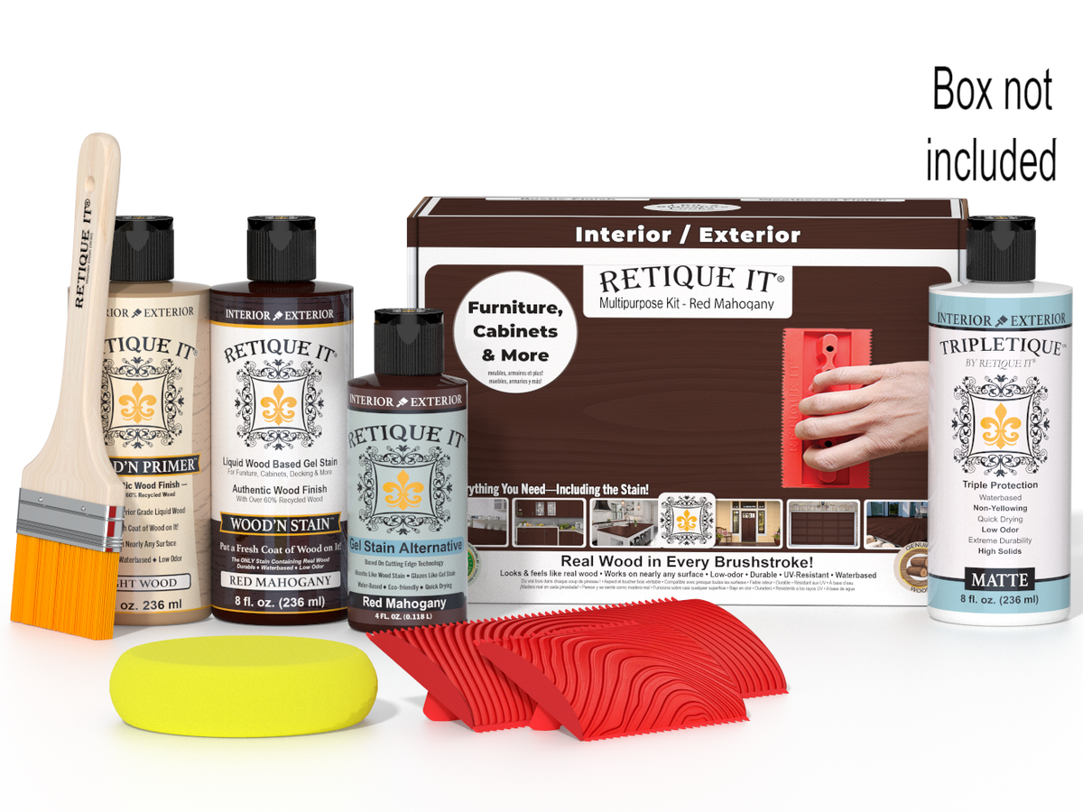 Retique It Wood'n Finish Kit in Red Mahogany for interior top coat, featuring wood finish components in a box.