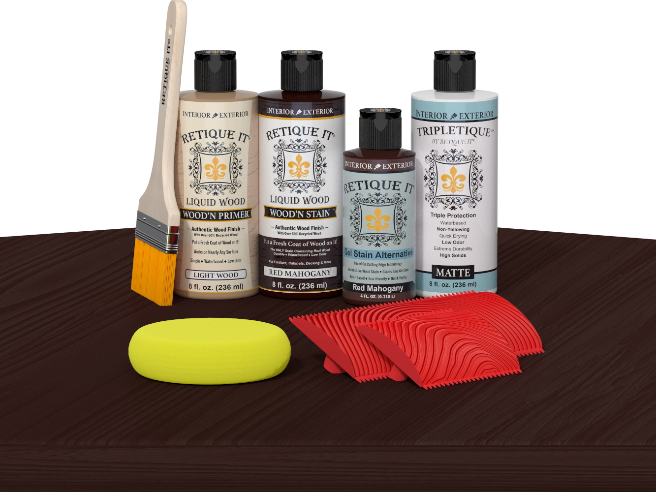 Retique It® Wood'n Finish Kit in Red Mahogany stain displayed on a table, showcasing wood finishing products and application tools.