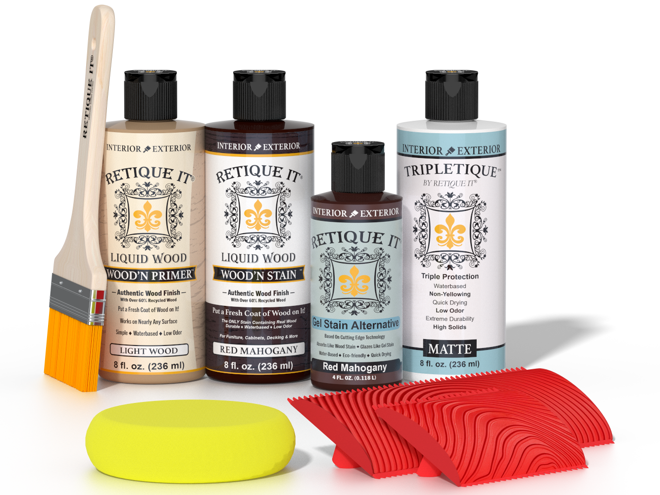 Multi-purpose Wood'n Kit in Red Mahogany from Retique It® with interior top coat, featuring wood finish and application tools.