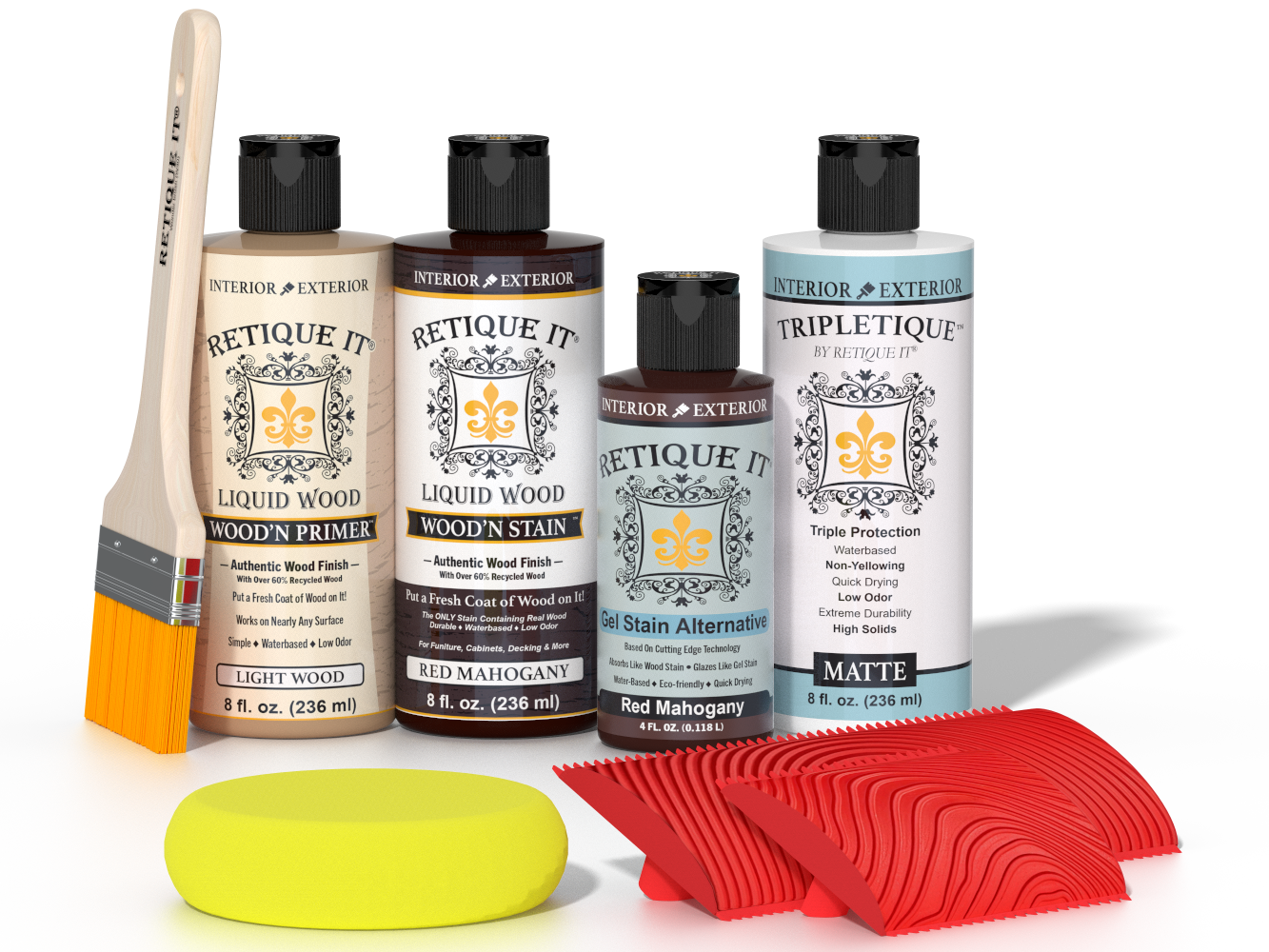 Retique It® Wood'n Finish Kit in Red Mahogany stain showing wood surface with applied stain and finishing tools.