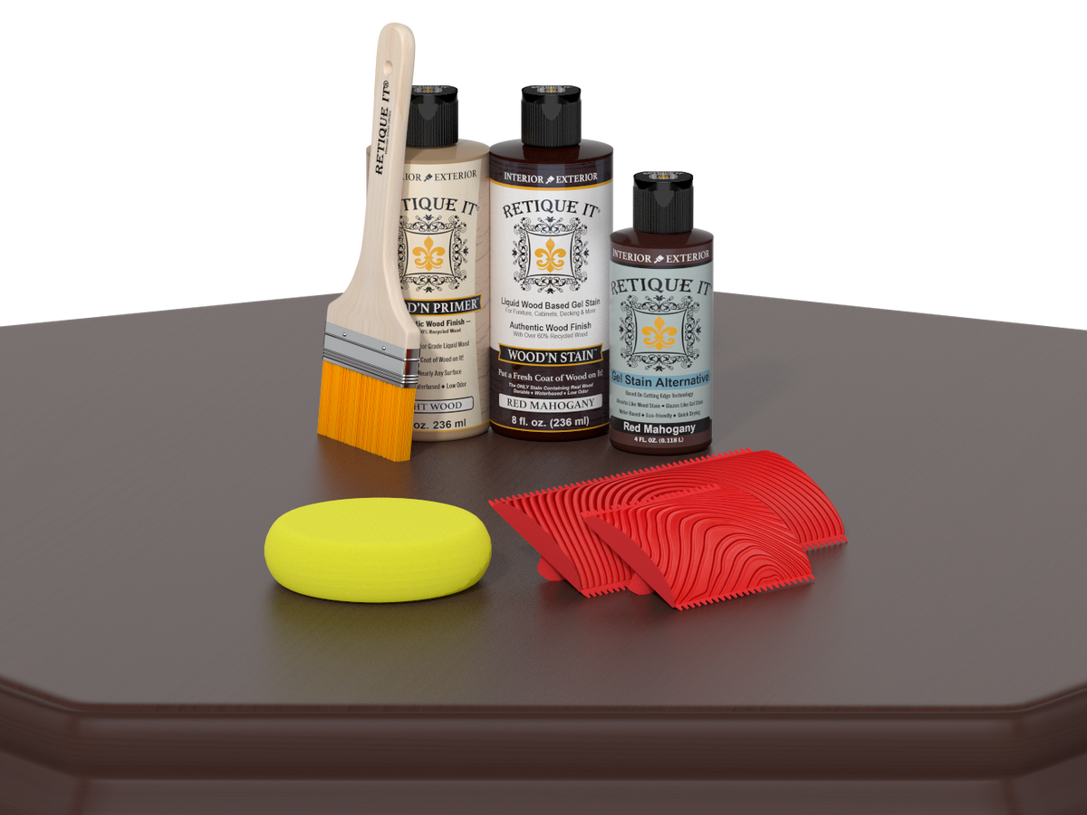 Red Mahogany Wood'n Finish Kit by Retique It for multi-purpose wood finishing, shown on a table in the image.