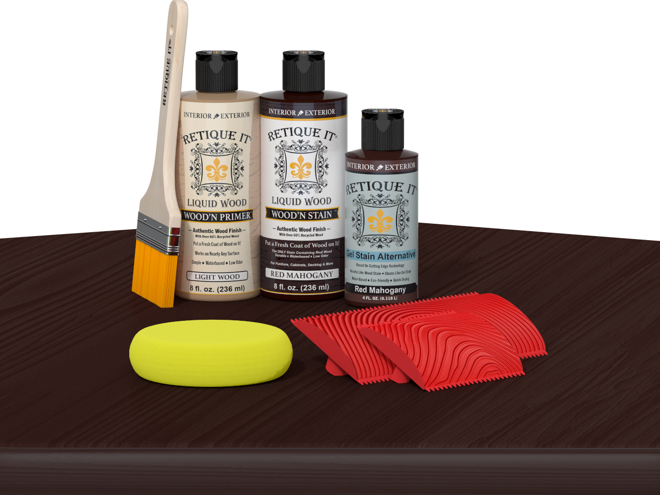 Retique It Fireplace Mantel Wood'n Finish Kit in Red Mahogany stain, shown on a table with wood finish products.