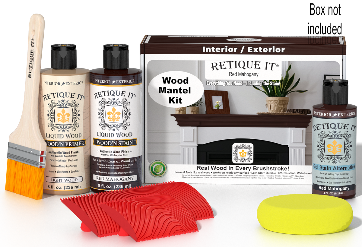 Retique It® Fireplace Mantel Wood'n Finish Kit in Red Mahogany stain, showing the wood stain product for fireplace mantels.