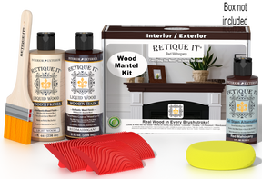 Retique It Fireplace Mantel Wood'n Finish Kit in Red Mahogany stain, showing the wood stain product for fireplace mantels.