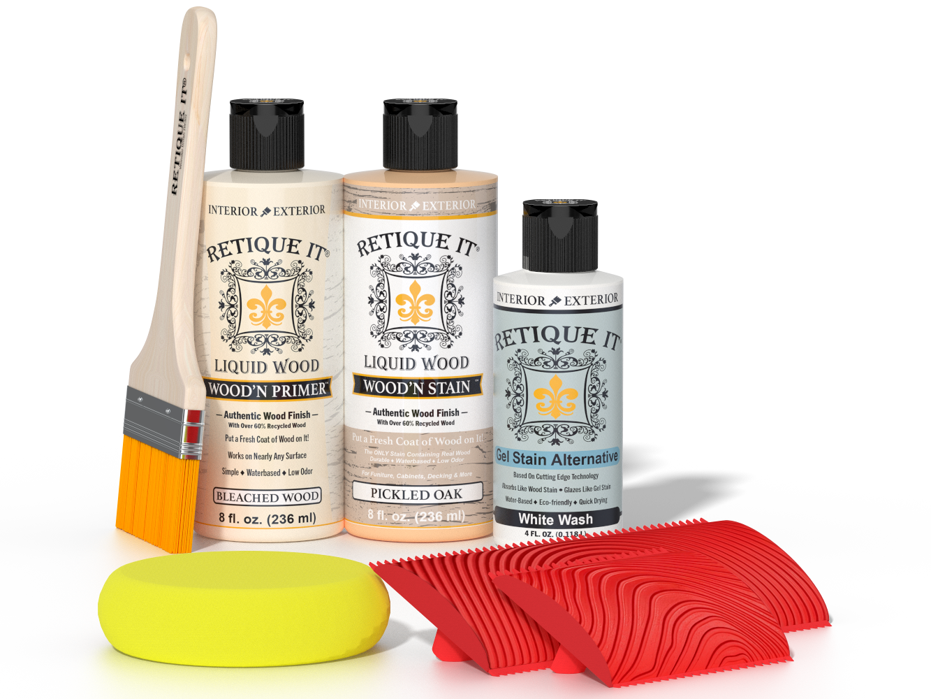 Retique It Wood'n Finish Kit in Sun Bleached for fireplace mantel, showing wood finish applicator and sample wood surface.