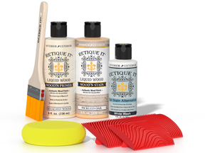 Retique It Wood'n Finish Kit in Sun Bleached for fireplace mantel, showing wood finish applicator and sample wood surface.