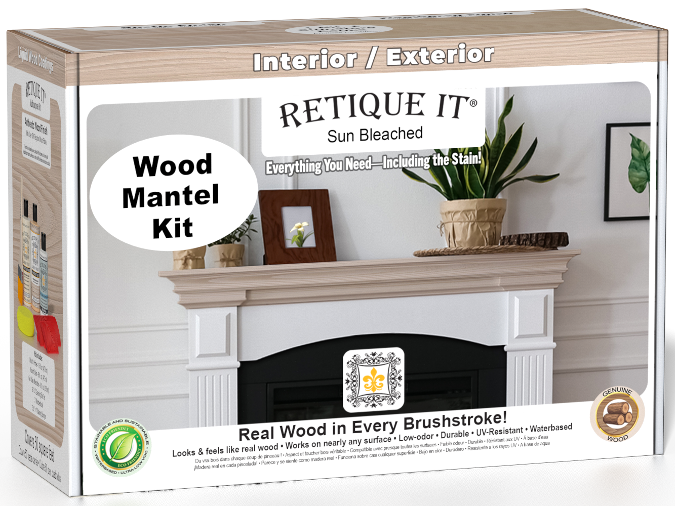 Retique It Wood'n Finish Kit in Sun Bleached for fireplace mantels, includes wood finish and application tools in a box.