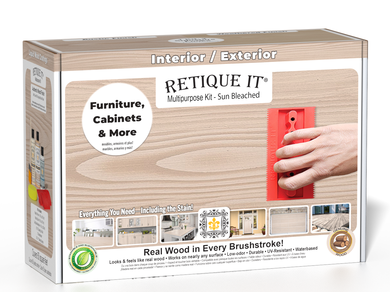 Retique It® Wood'n Finish Kit in Sun Bleached for exterior wood top coat, featuring multiple application tools in the box.