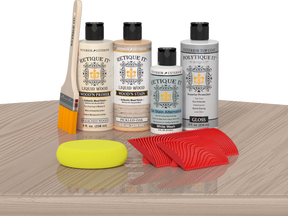 Retique It® Wood'n Finish Kit in Sun Bleached for exterior top coat, featuring a multi-purpose wood finishing set on a table.