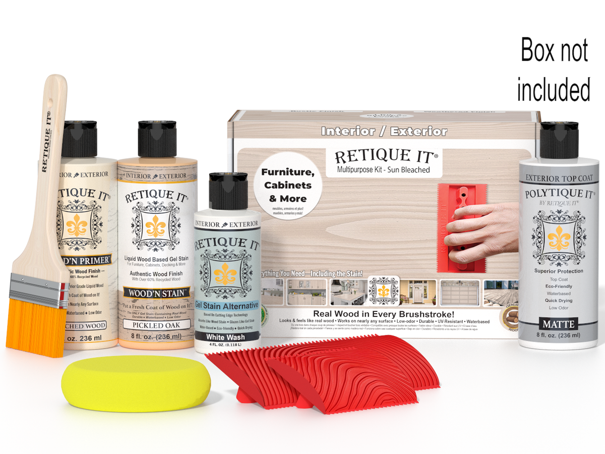 Retique It Wood'n Finish Kit in a box with a rich dark brown finish, featuring wood surface and finish tools.
