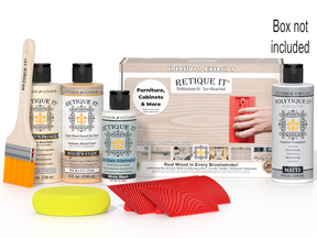 Retique It Wood'n Finish Kit in a box with a rich dark brown finish, featuring wood surface and finish tools.