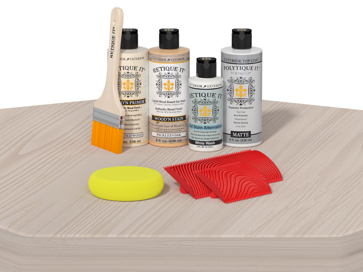Retique It Wood'n Finish Kits with a table showing the wood finish in a natural tone, highlighting the kit's application on furniture.