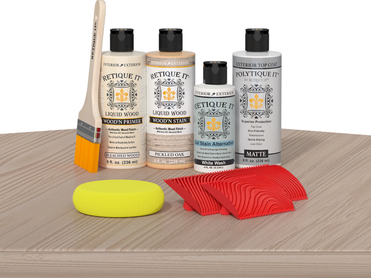 Retique It Wood'n Finish Kit in Sun Bleached, an exterior top coat with wood finish components on a table.
