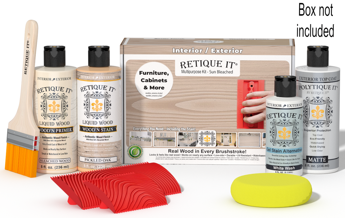 Sun-bleached Wood'n Finish Kit by Retique It for exterior wood surfaces, includes top coat in a multi-purpose wood finishing set.