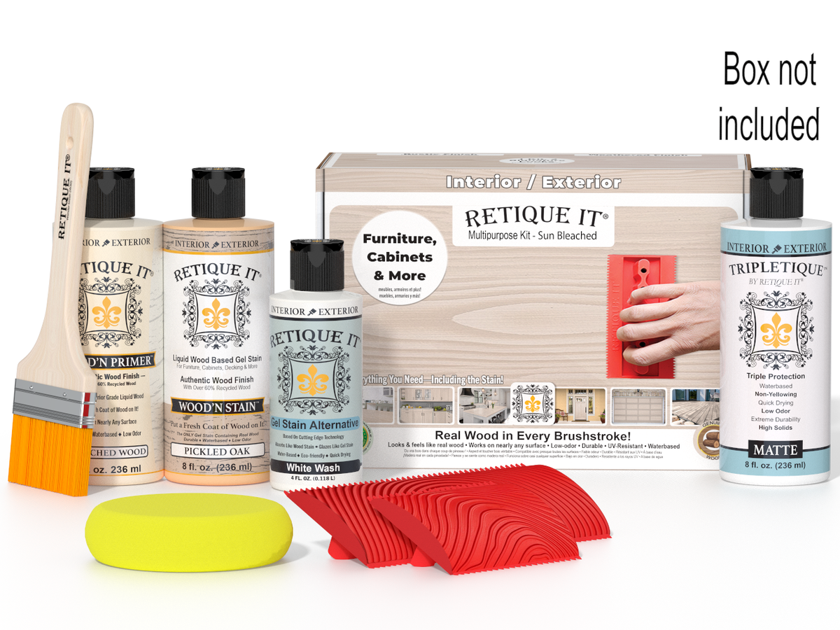 Retique It Wood'n Finish Kit in box with natural wood finish, includes sample swatches and application tools.