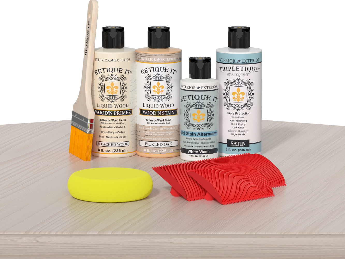 Sun-bleached Retique It Wood'n Finish Kit for interior wood projects, featuring a multi-purpose top coat on a table surface.
