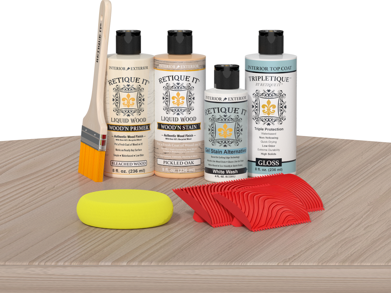 Retique It® Sunbleached Wood'n Kit with Bleached Wood Primer, Pickled Oak Wood'n Stain, Gloss TripleTique Top Coat, White Wash Gel Stain Alternative, yellow sponge, red graining tool, and brush.