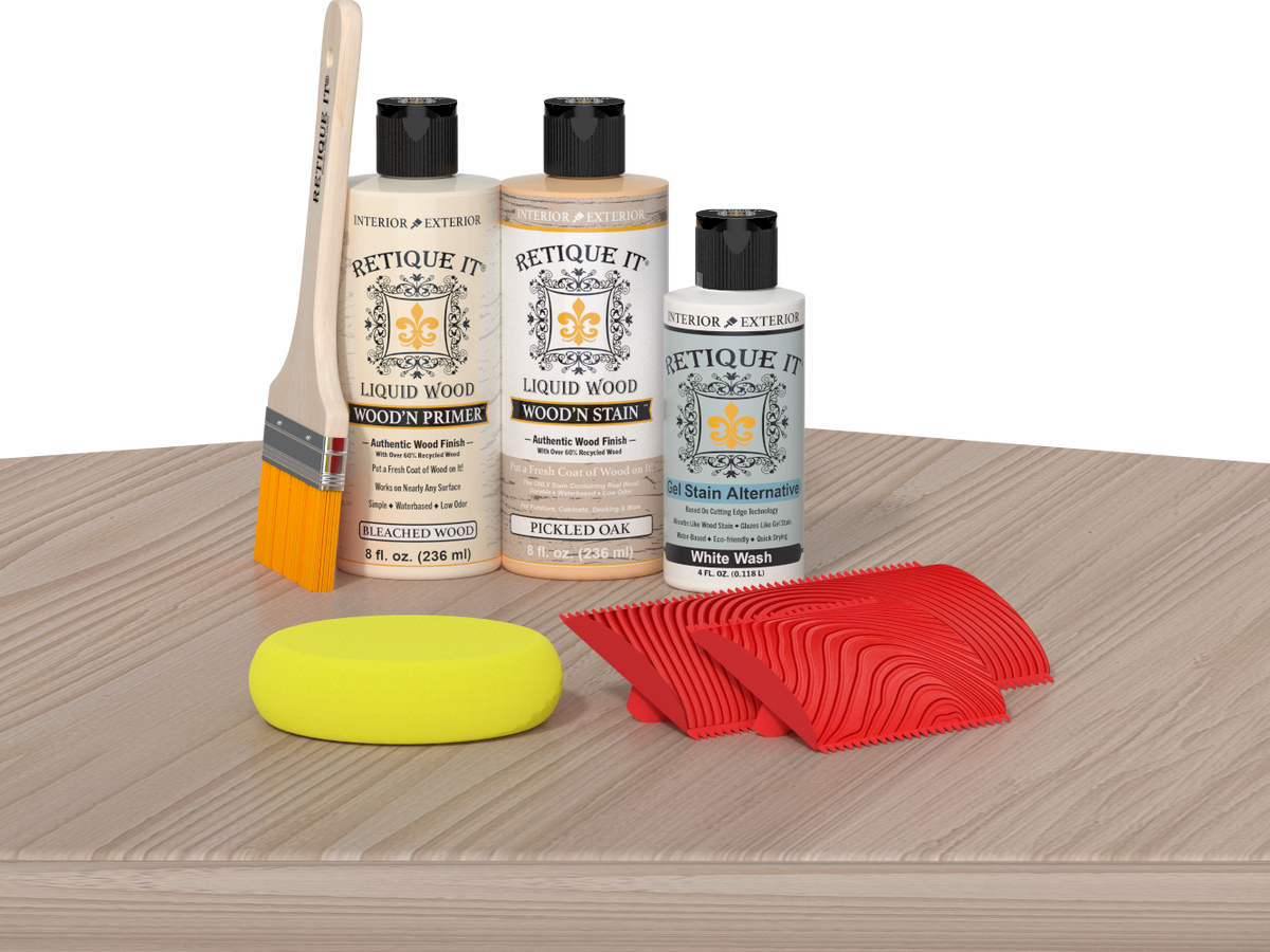 Retique It® Wood'n Finish Kit for fireplaces, Sun Bleached color, showcasing the wood finish applied to a mantel on a table.