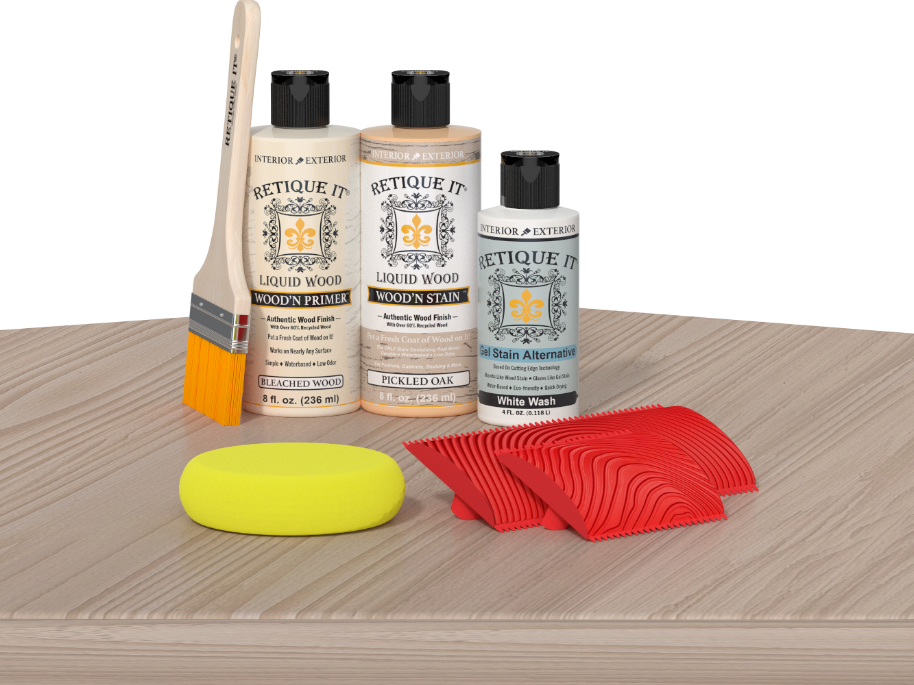 Retique It Wood'n Finish Kit for fireplaces, Sun Bleached color, showcasing the wood finish applied to a mantel on a table.