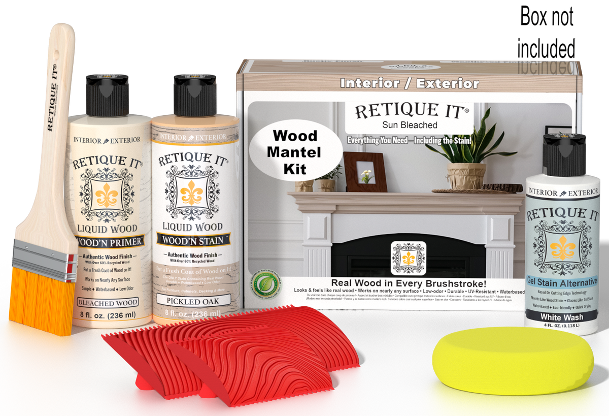 Retique It® Wood'n Finish Kit in Sun Bleached for fireplace mantels, showing wood finish application on a wooden mantel.