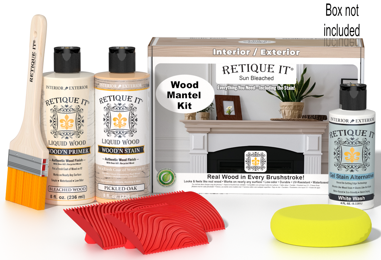 Retique It Wood'n Finish Kit in Sun Bleached for fireplace mantels, showing wood finish application on a wooden mantel.
