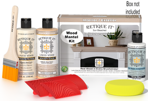 Retique It Wood'n Finish Kit in Sun Bleached for fireplace mantels, showing wood finish application on a wooden mantel.