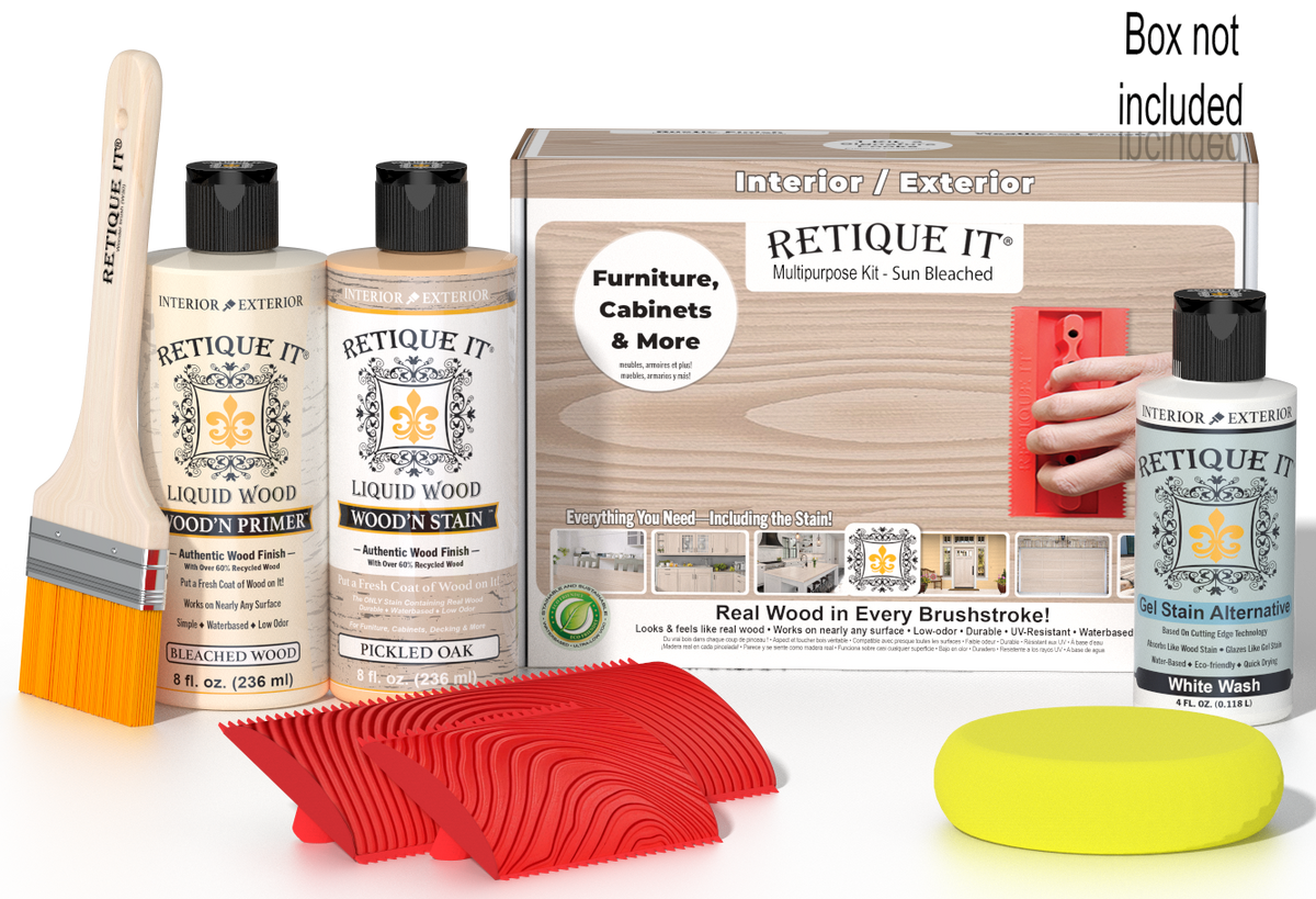 Retique It Wood'n Finish Kit in Sun Bleached, multi-purpose wood finishing set with applicator tools and instructions visible.