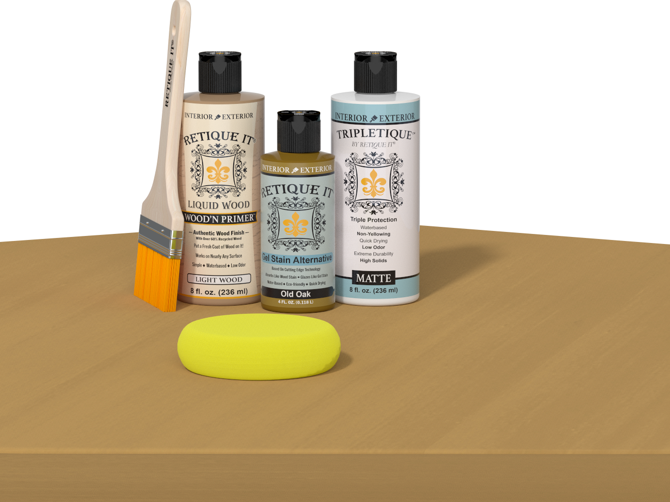 Retique It refinishing kit with Light Wood primer, Old Oak gel stain alternative, matte Tripletique topcoat, a brush and yellow sponge.