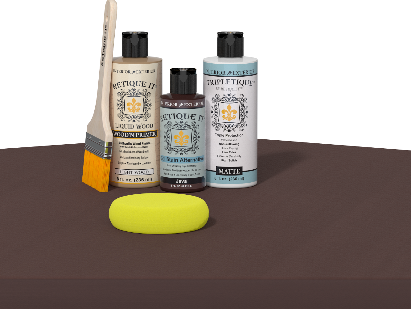 Retique It refinishing kit with Light Wood primer, Java gel stain alternative, matte Tripletique topcoat, a brush and yellow sponge.