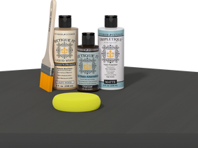 Retique It refinishing kit with Light Wood primer, Charcoal gel stain alternative, matte Tripletique topcoat, a brush and yellow sponge.