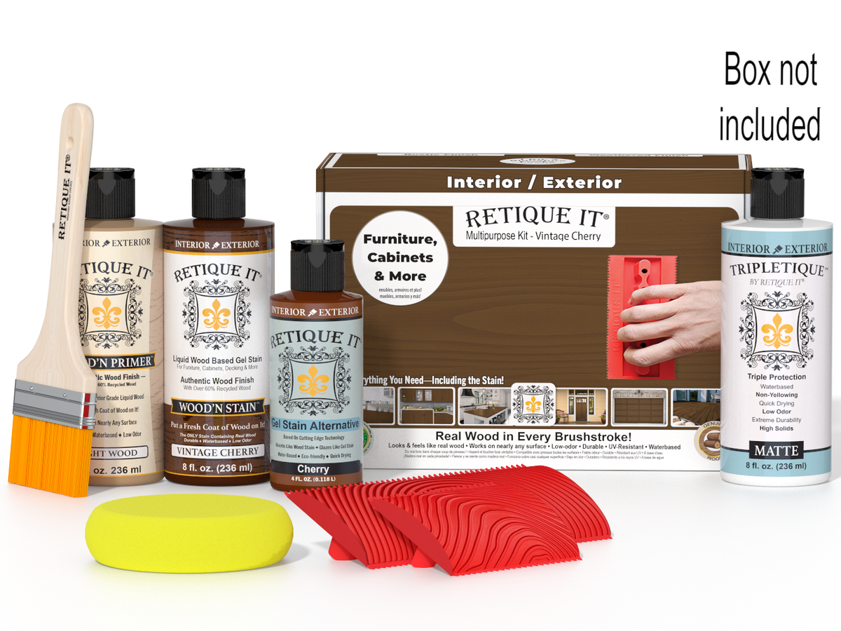 Retique It® Wood'n Finish Kit in Vintage Cherry with interior top coat, includes wood stain and finishing supplies in a compact box.